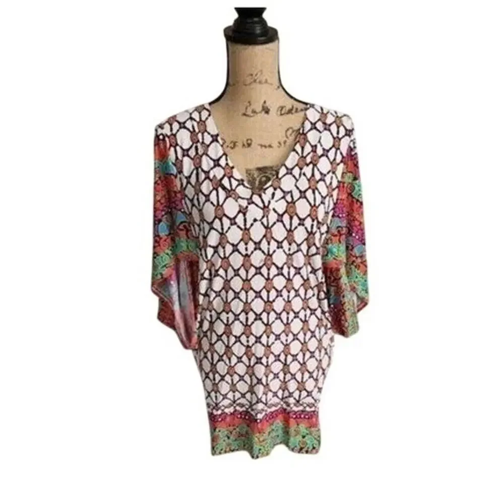Trina Turk Geometric Mosaic Print Kimono Sleeve V-Neck Mini Dress Swim Multi XS